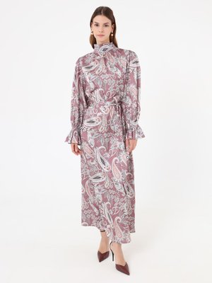 Pudra Yakası Gipeli Şal Desenli Saten Elbise