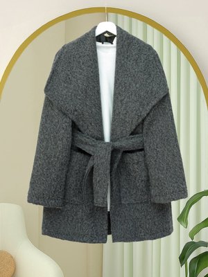 Antrasit Geniş Yakalı Beli Kemerli Cepli Kaşe Kaban