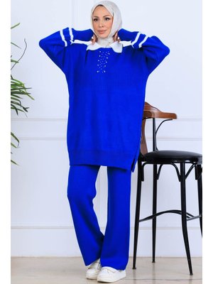 Saks Mavisi Taş İşlemeli Triko Takım