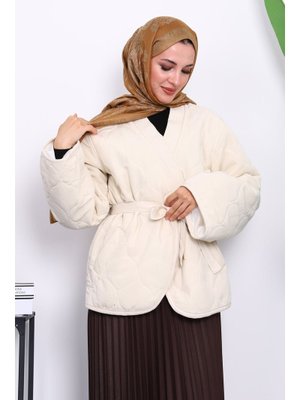 Krem Kapitone Kuşaklı Astarlı Ceket Krem Kapitone Kuşaklı Astarlı Ceket