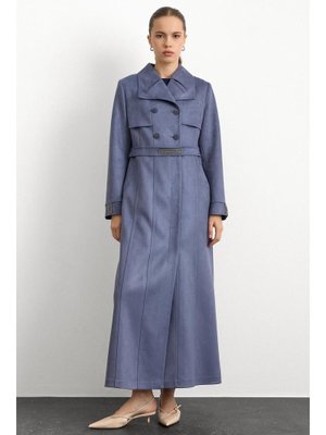 Mavi Mendil Yaka Taş Detaylı Süet Görünümlü Pardesü