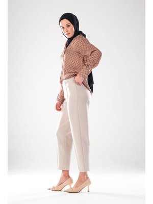 Gizli Fermuarlı Şık Pantolon 2293_ Scuba Kumaş Yüksek Bel Nervür Detaylı Havuç