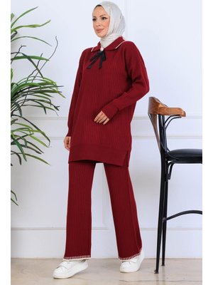 Bordo Yakası Kurdele Detay Triko Takım