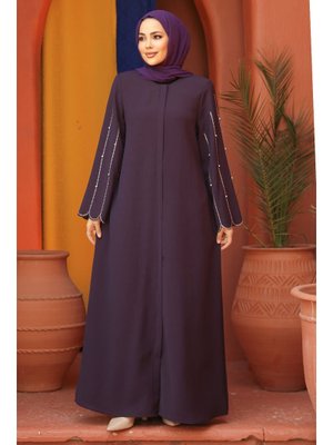 Kolları İşlemeli Mürdüm Abaya 2634mu