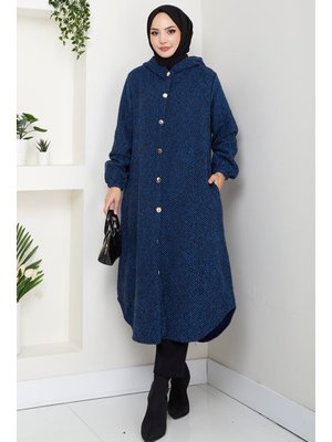 İndigo Çizgi Detay Kapüşonlu Kaşe Kap