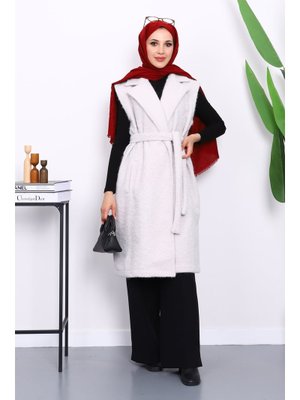 Taş Kruvaze Yaka Kuşaklı Keçe Yelek