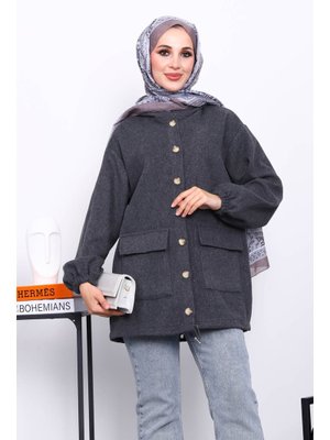 Füme Kapüşonlu Düğmeli Kaşe Ceket