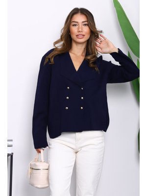 Lacivert Kruvaze Yaka Düğmeli Triko Hırka