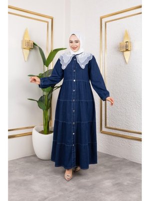 Düğmeli Dantel Yaka Lacivert Kot Elbise