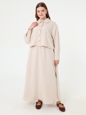 Yumuşak Tuşeli Gold Düğme Detaylı Gömlek & Etek Büyük Beden Takım Tas