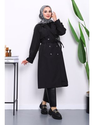 Siyah Kravuze Yaka Bel Kemerli Düğmeli Trençkot Siyah Kravuze Yaka Bel Kemerli Düğmeli Trençkot