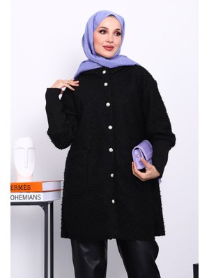 Siyah Kapüşonlu Buklet Kaban