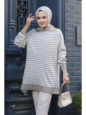 Çizgili Vizon Triko Tunik 65904v