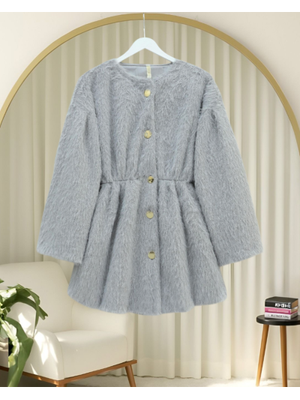 Açık Gri İçi Astarlı Beli Büzgülü Kürklü Ceket