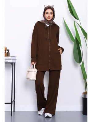 Kahverengi Kapüşonlu Modal Tunik Pantolonlu Takım