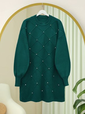 Zümrüt Taş Detaylı Kare Desenli Triko Tunik Zümrüt Taş Detaylı Kare Desenli Triko Tunik