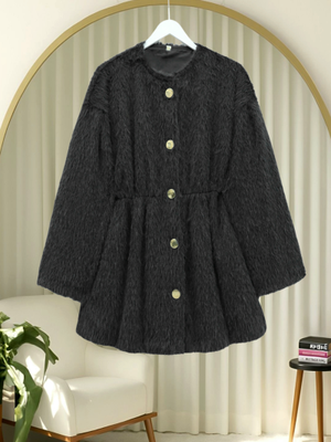 Siyah İçi Astarlı Beli Büzgülü Kürklü Ceket