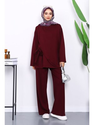 Mürdüm Yandan Kuşak Bağlamalı Pantolonlu Takım Mürdüm Yandan Kuşak Bağlamalı Pantolonlu Takım