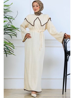 Taş Rengi Yaka Detaylı Triko Elbise