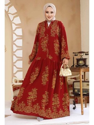 Çiçek Desenli Bordo Elbise 18241br Çiçek Desenli Bordo Elbise 18241br