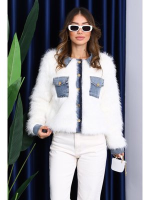 Ekru Kot Detaylı Cepli Kürk Ceket Ekru Kot Detaylı Cepli Kürk Ceket