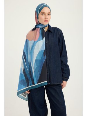 70x190 Cm Işıklı Çiçekler Turkuaz Vierra Desenli Viskon Şal