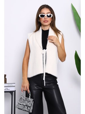 Krem Ön Bağlamalı Kısa Angora Yumoş Yelek