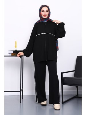 Siyah Fermuarlı Sweat Pantolonlu Modal Takım