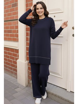 Lacivert Çizgili Şeritli Triko Takım