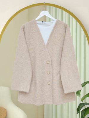 Bej V Yaka Düğmeli Sakallı Kap