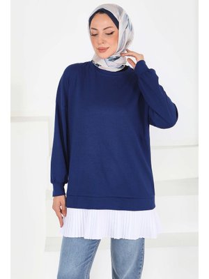 Lacivert Eteği Pile Detaylı Modal Tunik