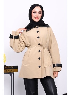 Bej Deri Detaylı Kuşaklı Trençkot