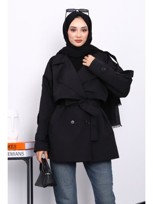 Siyah Kruvaze Yaka Astarlı Kısa Trençkot Siyah Kruvaze Yaka Astarlı Kısa Trençkot