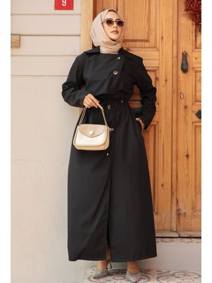Düğmeli Siyah Trençkot 684s