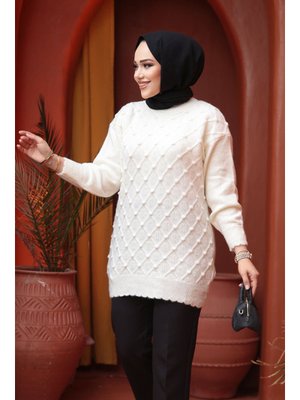 Baklava Desenli Ekru Triko Kazak Tunik 85161e