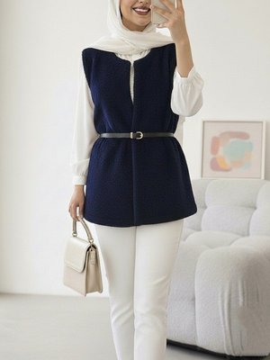 Laci Beli Kemerli Çift Cepli Astarlı Peluş Yelek