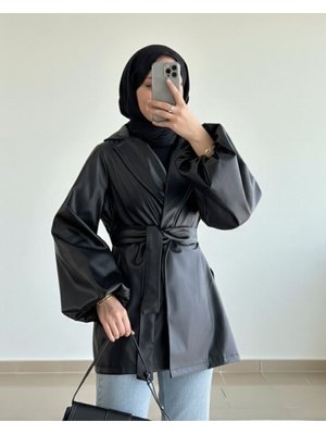Siyah Balon Kol Kemerli Deri Ceket