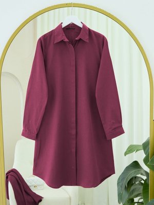 Bordo Gizli Düğmeli Oval Kesim Uzun Gömlek