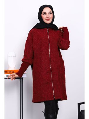 Bordo Fermuarlı Yün Kaşe Kaban Bordo Fermuarlı Yün Kaşe Kaban