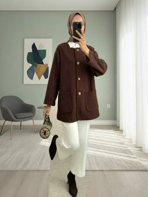 Kahve Çift Cepli Önü Düğmeli Kaşe Ceket