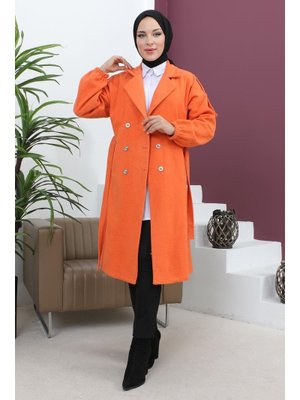 Turuncu Düğme Detaylı Kaşe Kaban