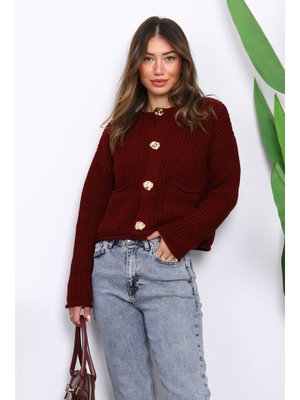 Bordo Selanik Örgülü Kısa Triko Hırka