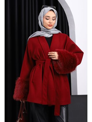 Bordo Bel Kuşaklı Çift Cepli Kaşe Kaban Bordo Bel Kuşaklı Çift Cepli Kaşe Kaban