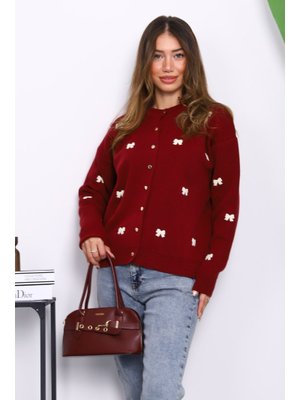 Bordo Fiyonk Nakışlı Triko Hırka