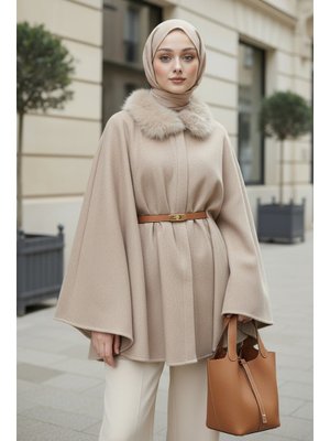 Taş Rengi Kürk Yaka Kaşe Panço