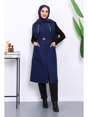Lacivert Kapüşonlu Kemerli Kapitone Yelek