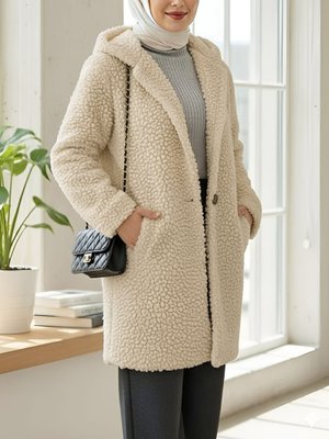 Açık Vizon Kapüşonlu Düğmeli Astarlı Peluş Kaban