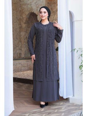 Boncuk İşlemeli Füme Abaya 29119fu