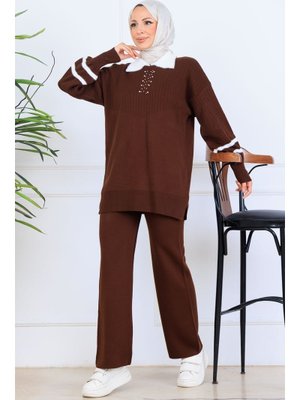 Kahverengi Taş İşlemeli Triko Takım