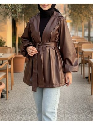 Kahve Balon Kol Kemerli Deri Ceket